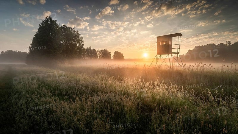 Colourful sunrise in German floodplain landscape in Brandenburg with high seat at the Nuthe