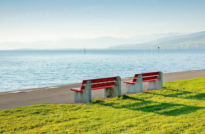 Two benches on the shore of Lake Constance near Arbon in Thurgau