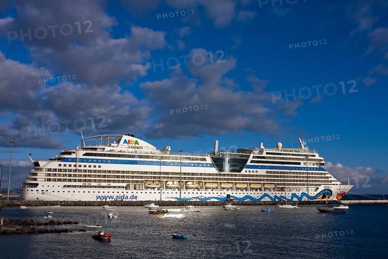 Cruiser Aida Blue docked in harbor of Puerto del Rossario