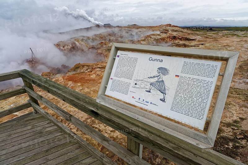 Viewing platform with information board in geothermal area Gunnuhver