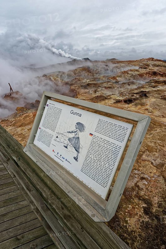 Viewing platform with information board in geothermal area Gunnuhver