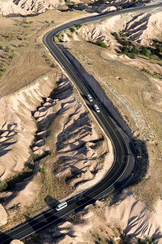 Street view from hot air balloon flying over Cappadocia