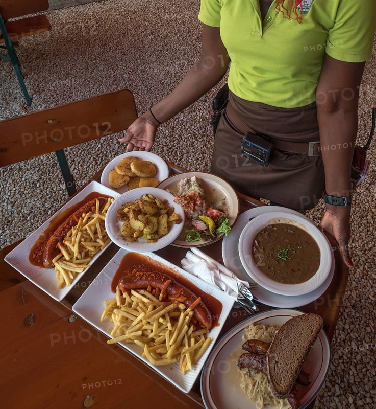 Food served on a tray in a beer garden
