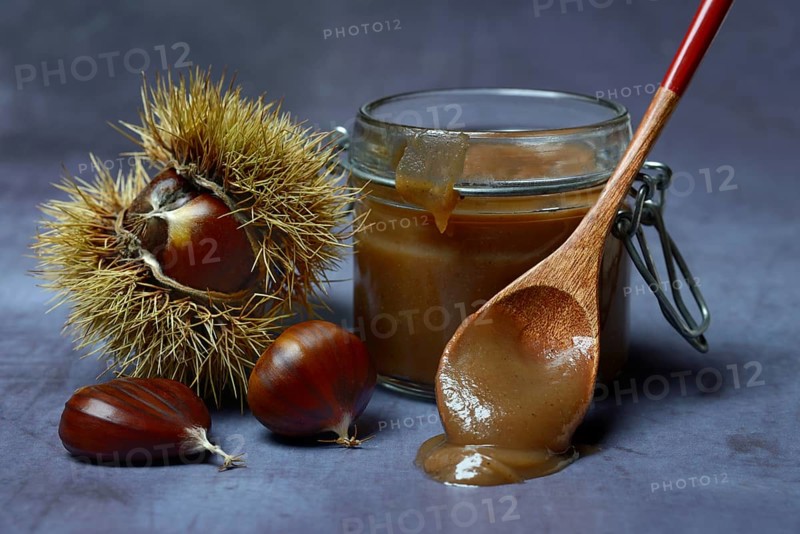 Chestnut cream in glass and sweet chestnuts