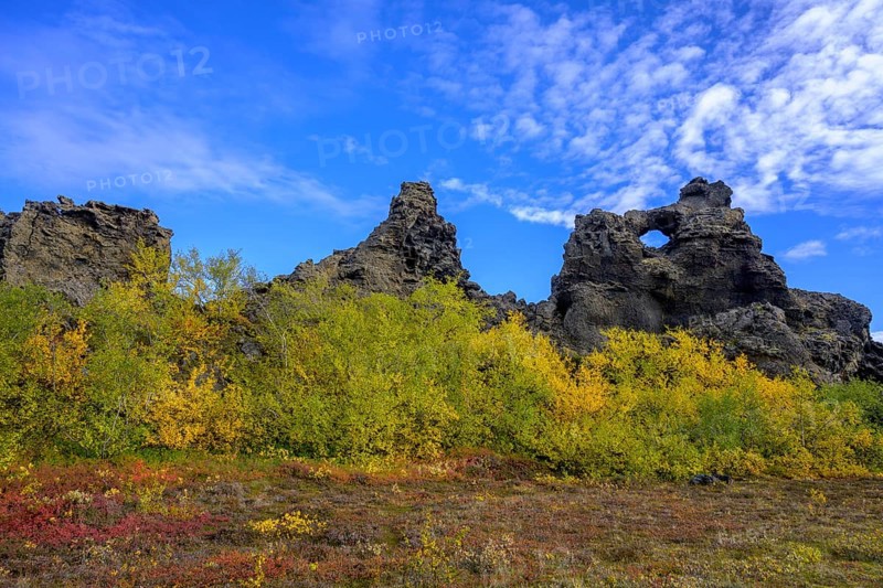 Dimmuborgir lava formation with autumn-coloured birch vegetation
