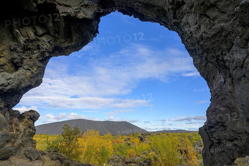 Lavator with tuff ring Hverfjall and autumn coloured birch vegetation