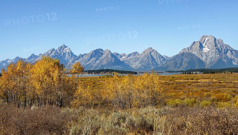 Mountain panorama with Mount Moran and Grand Teton peaks