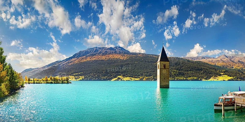 Reschensee with Ortler mountain range
