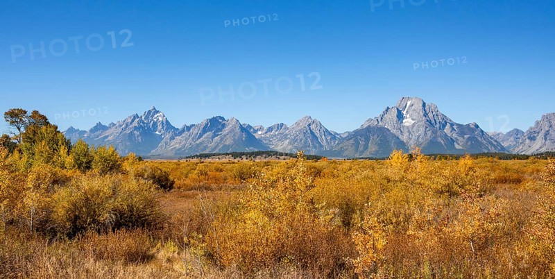 Mountain panorama with Mount Moran and Grand Teton peaks
