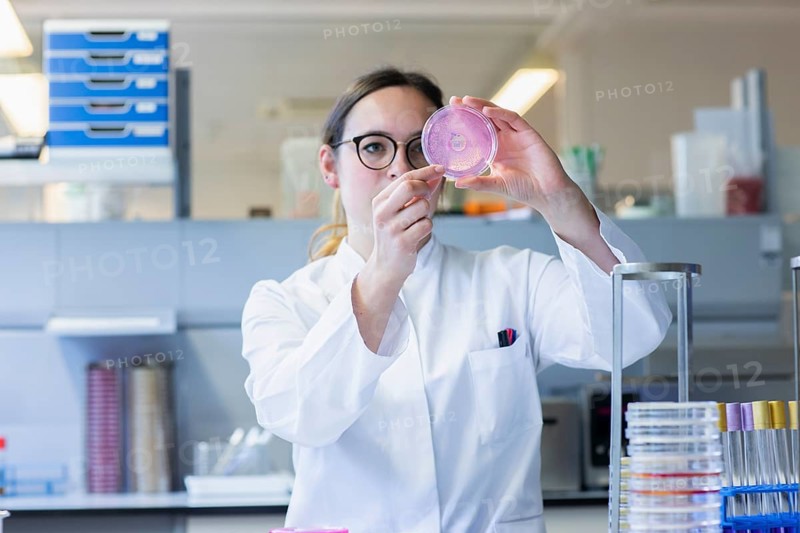 Young laboratory assistant with sample on petridish works in a laboratory with laboratory equipment