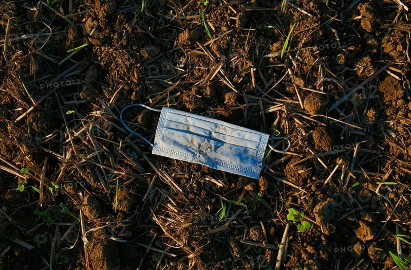 Discarded mouth mask lies on soil