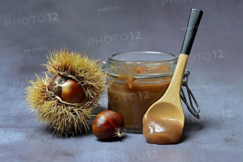 Chestnut cream in glass and sweet chestnuts