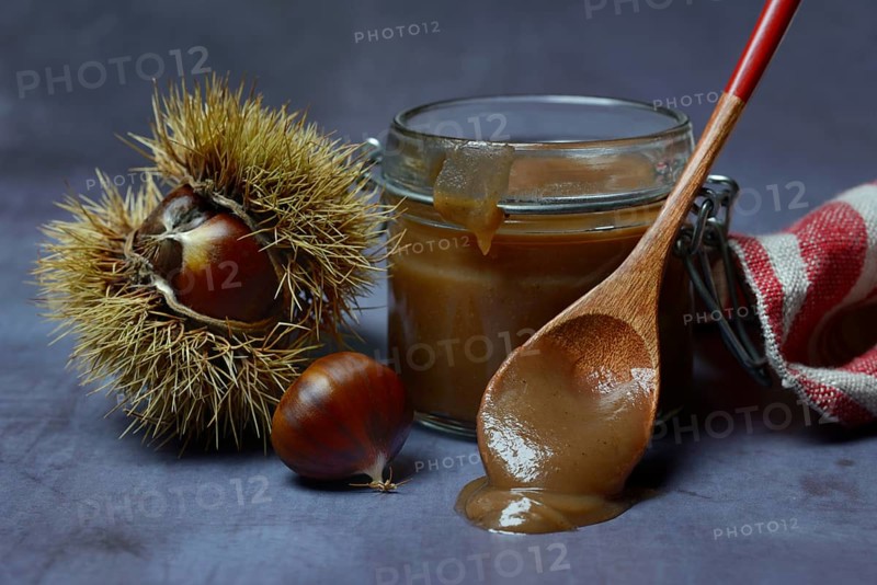 Chestnut cream in glass and sweet chestnuts