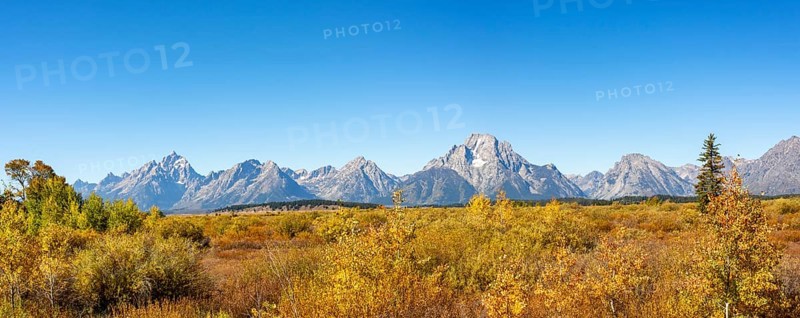 Mountain panorama with Mount Moran and Grand Teton peaks