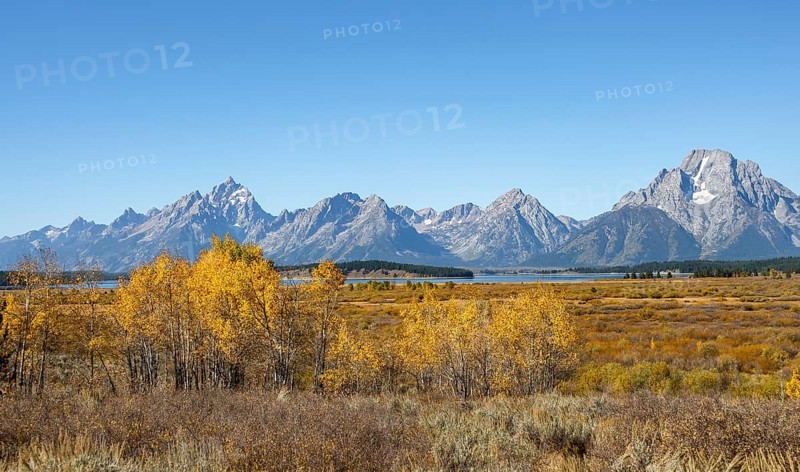 Mountain panorama with Mount Moran and Grand Teton peaks