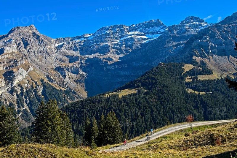 Cyclists in front of the mountain range Les Diablerets near the village Les Diablerets