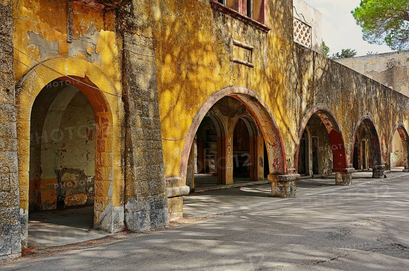 Dilapidated arcade building