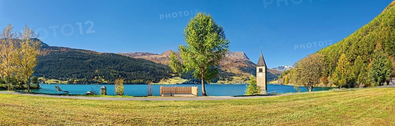 Church tower in Lake Reschen Panorama