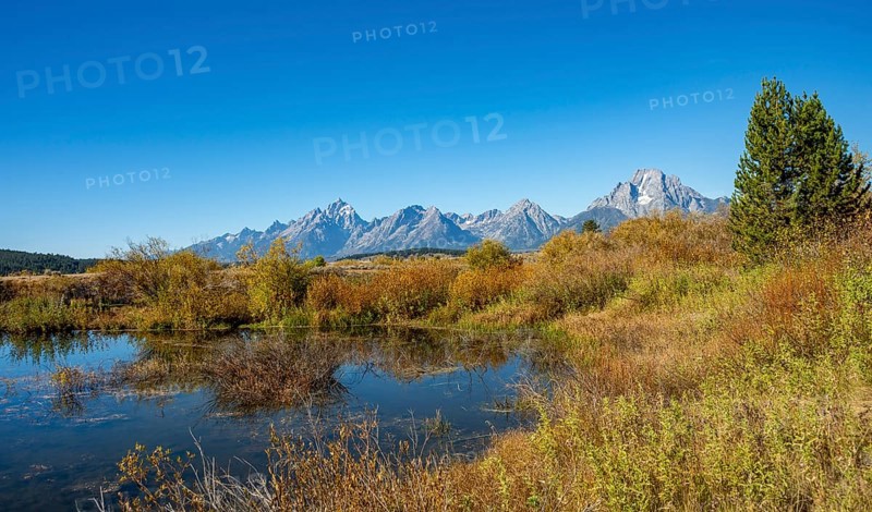 Mountain panorama with Mount Moran and Grand Teton