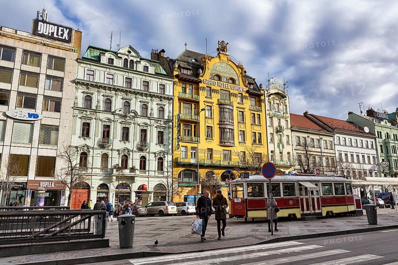Wenceslas Square with Grand Hotel Europa and Tram Cafe