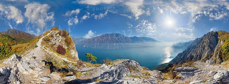 360 summit panorama at the Malga Palaer viewpoint with Lake Garda and the Monte Baldo mountain range
