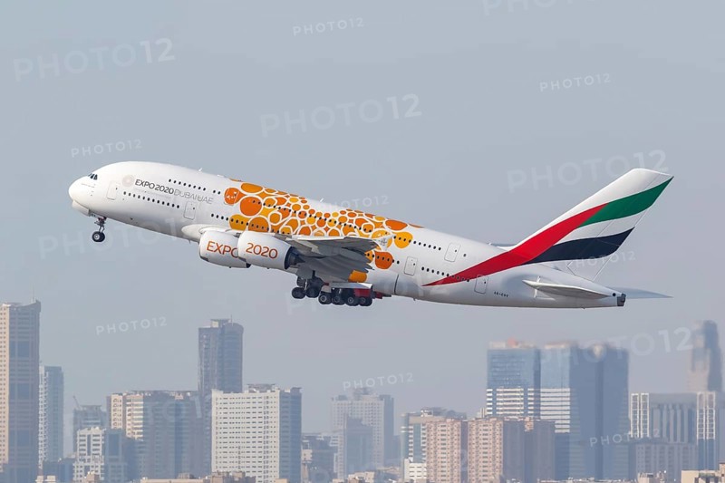 An Emirates Airbus A380-800 with registration A6-EOV and Expo 2020 special livery takes off from Dubai Airport