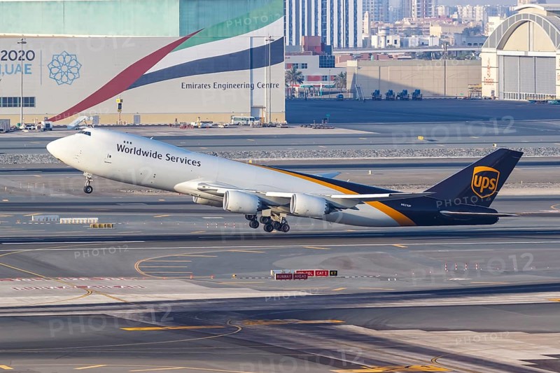 A UPS United Parcel Service Boeing 747-8F aircraft with registration N621UP takes off from Dubai Airport