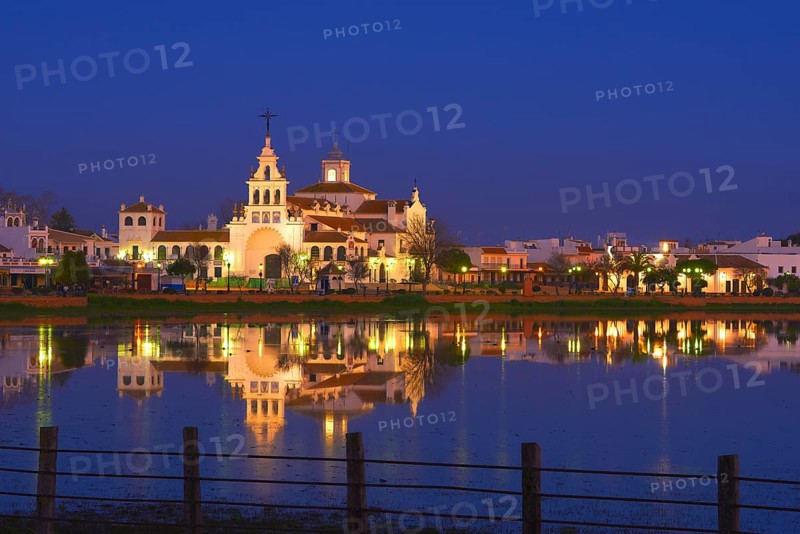 El Rocio village and hermitage at sunset