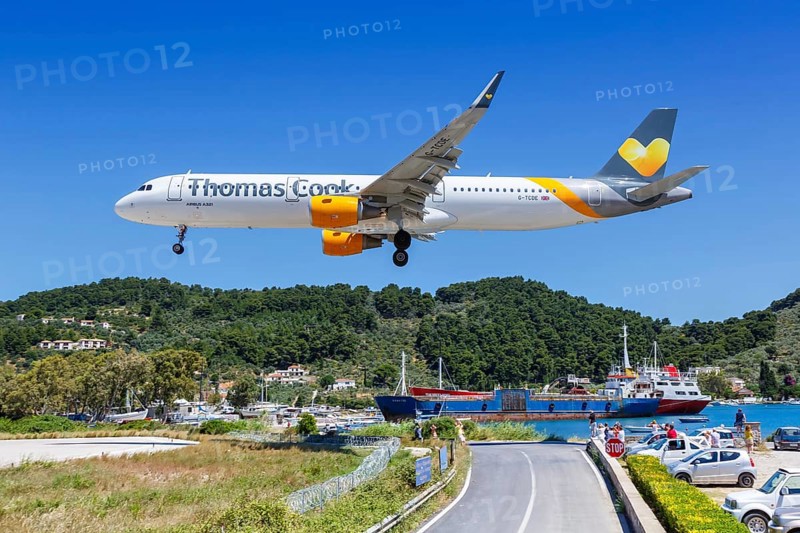 A Thomas Cook Airlines Airbus A321 aircraft with registration G-TCDE at Skiathos Airport