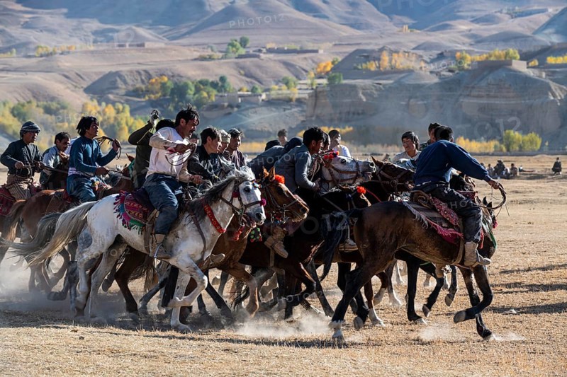 Men practising a traditional Buzkashi game