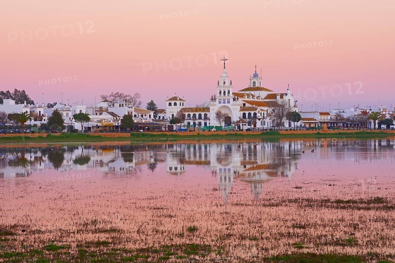 El Rocio village and hermitage at sunset