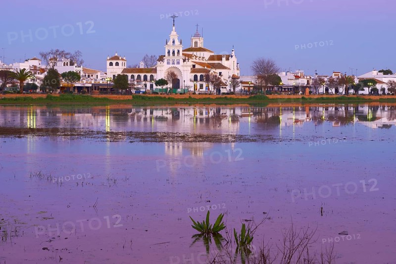 El Rocio village and hermitage at sunset