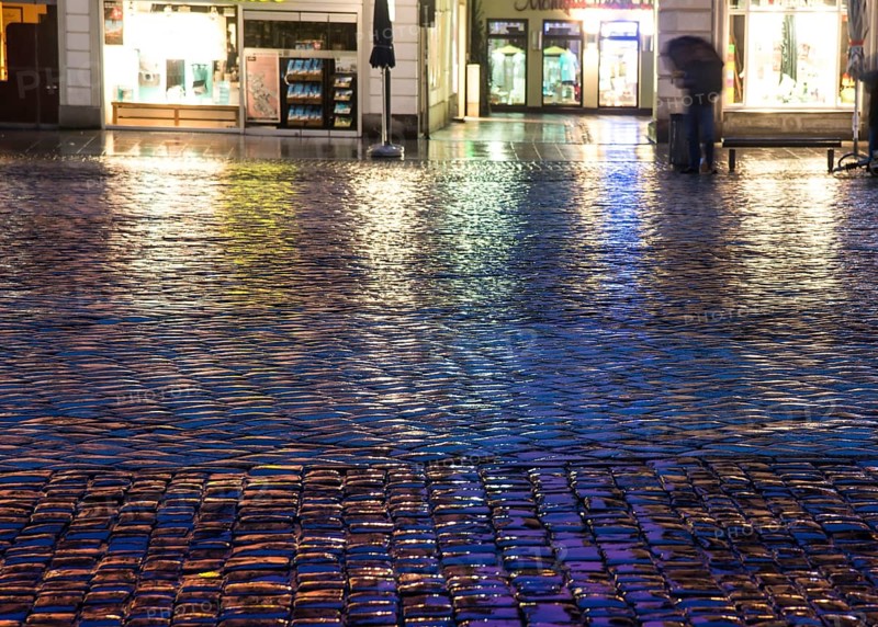 Wet and reflective cobblestones