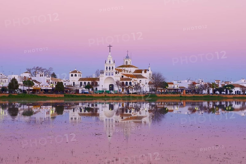 El Rocio village and hermitage at sunset
