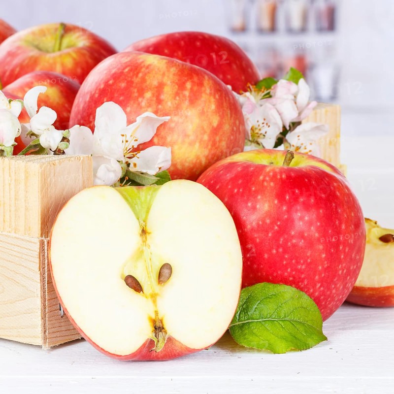 Apples Fruits red apple fruit in box with flowers square