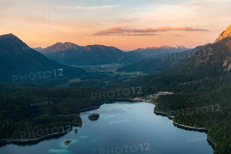 View over the Eibsee lake at sunset