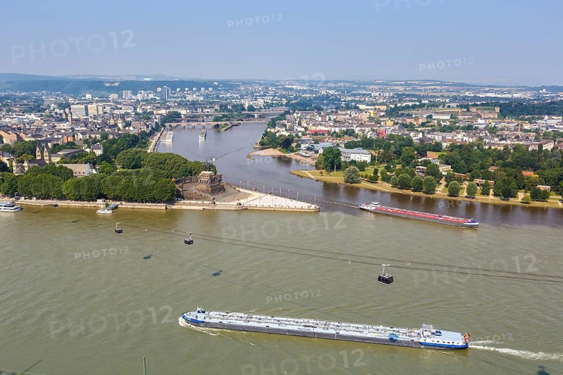 German Corner River Rhine Moselle with ships and cable car in Koblenz