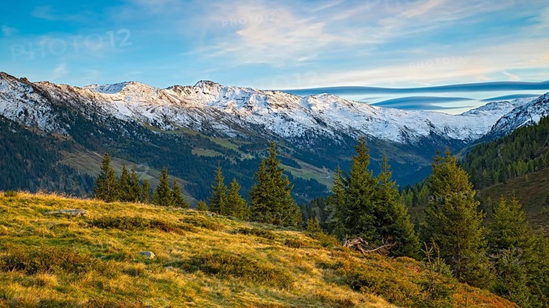 Autumnal mountain landscape with spruces