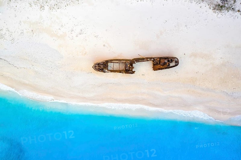 Beach shipwreck Navagio Beach drone shot bird's eye view in Zakynthos