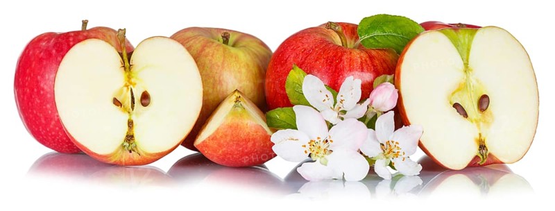 Apples fruits red apple fruit with flowers and leaves isolated