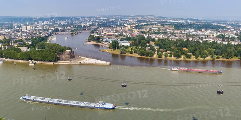 German Corner River Rhine Moselle with ships and cable car panorama in Koblenz