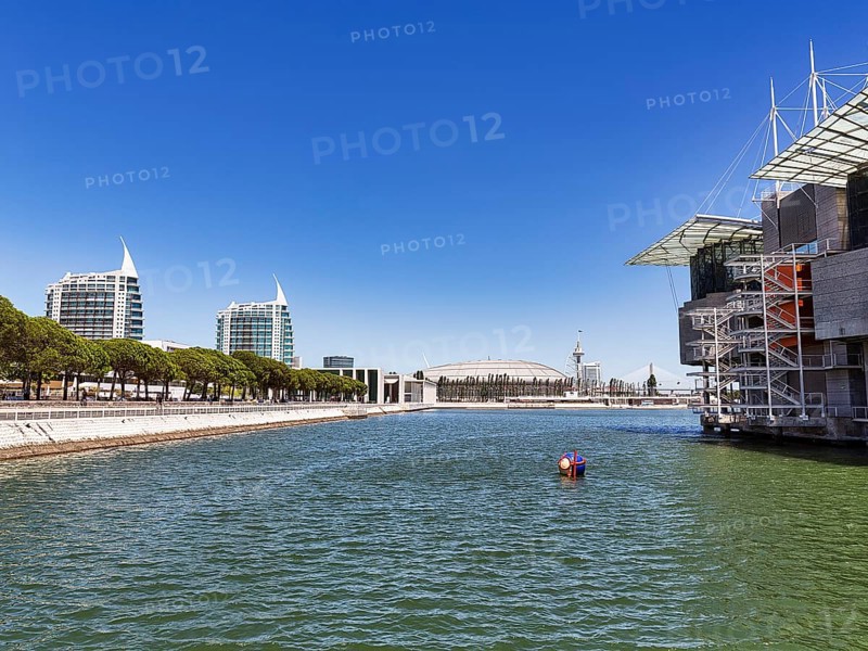Oceanario de Lisboa with view of the twin towers Torres Sao Rafael and Sao Gabriel