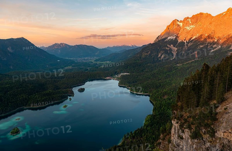 View over the Eibsee lake at sunset