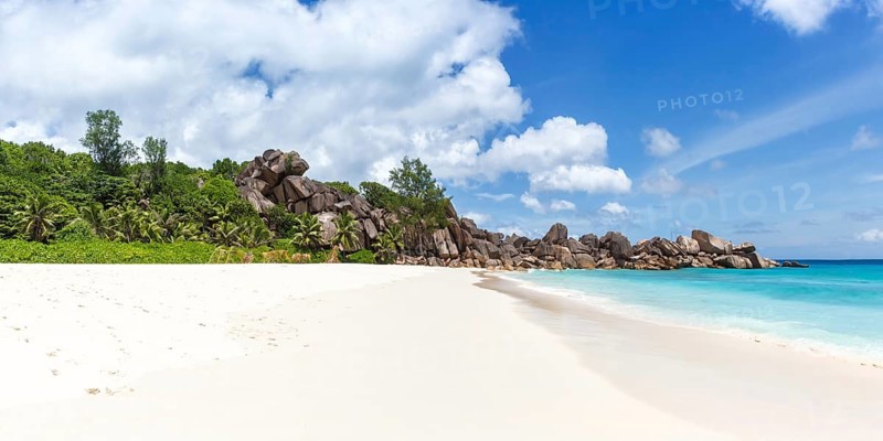 Grand Anse Beach on La Digue Island Panorama Sea Holiday Vacation Travel in the Seychelles