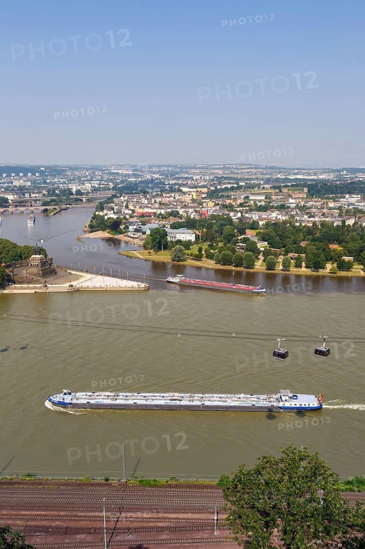 German Corner River Rhine Moselle with ships and cable car in Koblenz
