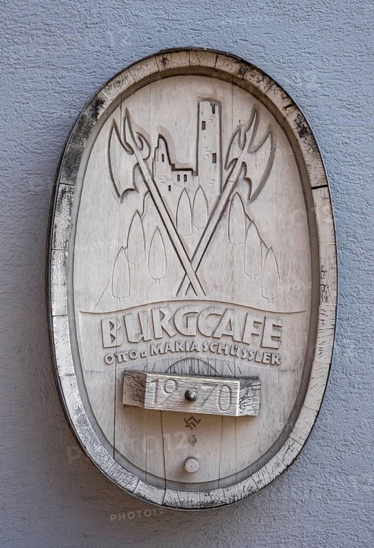 Wooden sign Burgcafe in Gemuenden am Main