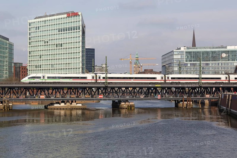 ICE 4 train of Deutsche Bahn DB on the Oberhafen bridge in Hamburg