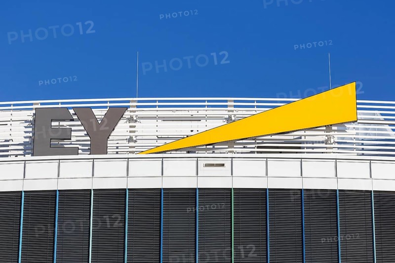 Ernst & Young EY logo at the headquarters at Stuttgart Airport