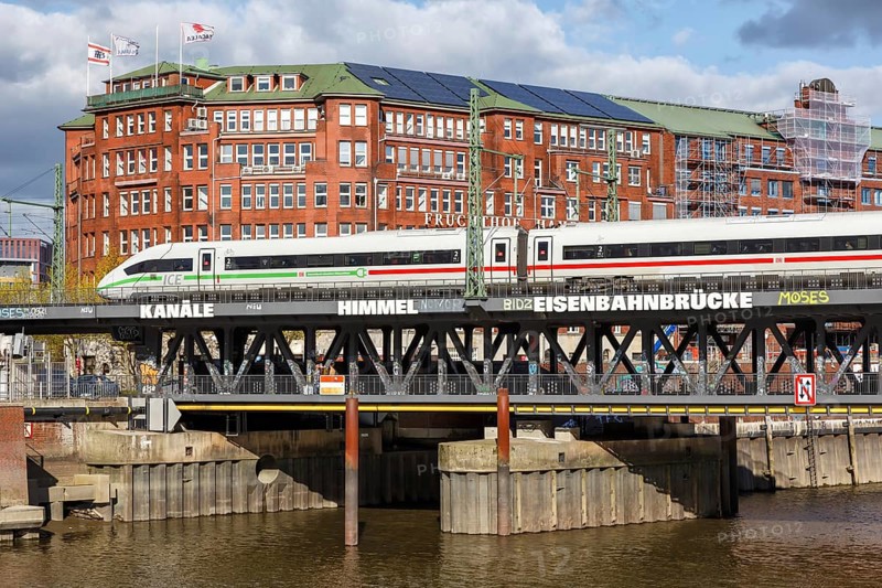 ICE 4 train of Deutsche Bahn DB on the Oberhafen bridge in Hamburg