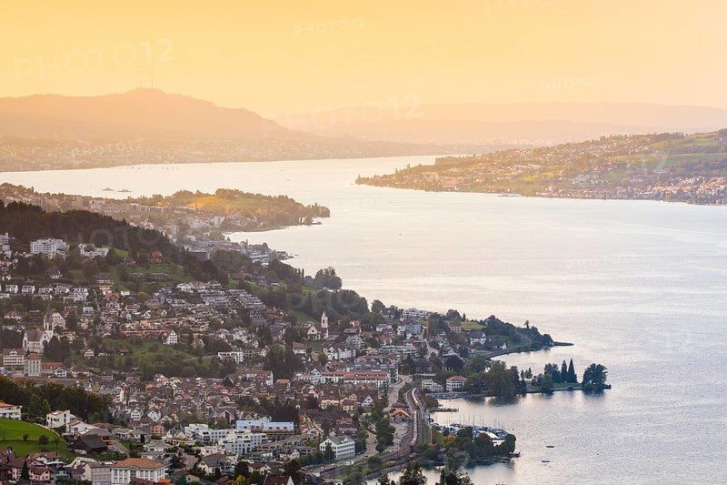 View at sunset from Feusisberg across Lake Zurich to Zurich
